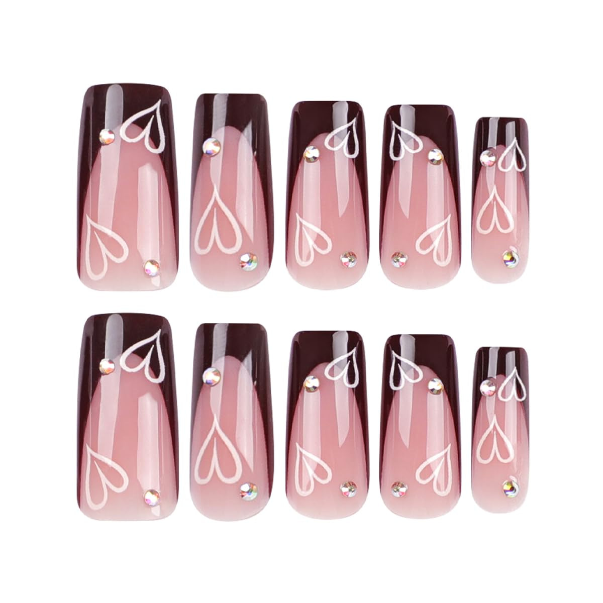 French Tip Press on Nails - Square Medium Long Brown Pink Heart Rhinestone False Nails - Women'S Glue on Acrylic Gel Stick on Glitter Fantasy Wedding Birthday