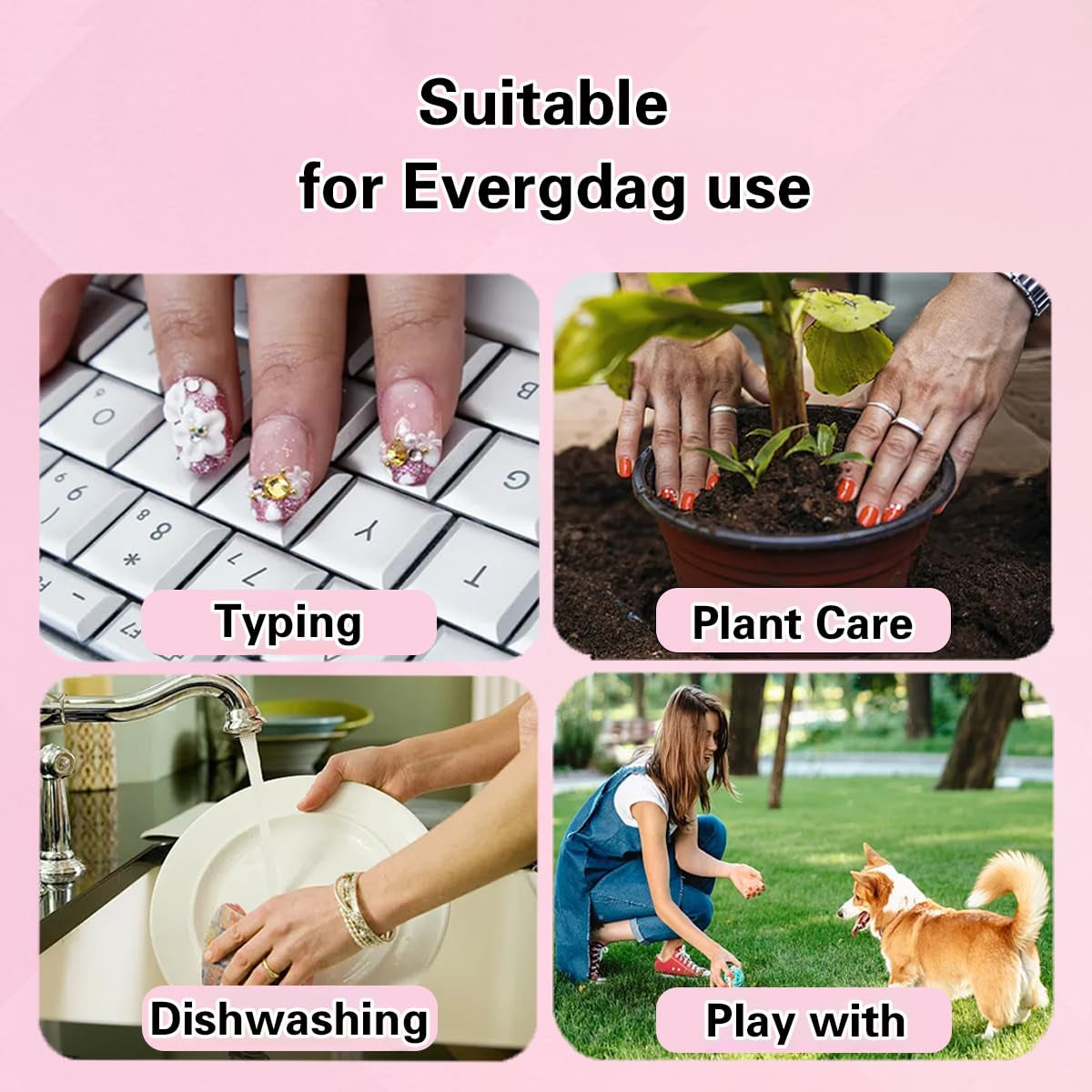 French Tip Press on Nails - Square Medium Long Brown Pink Heart Rhinestone False Nails - Women'S Glue on Acrylic Gel Stick on Glitter Fantasy Wedding Birthday